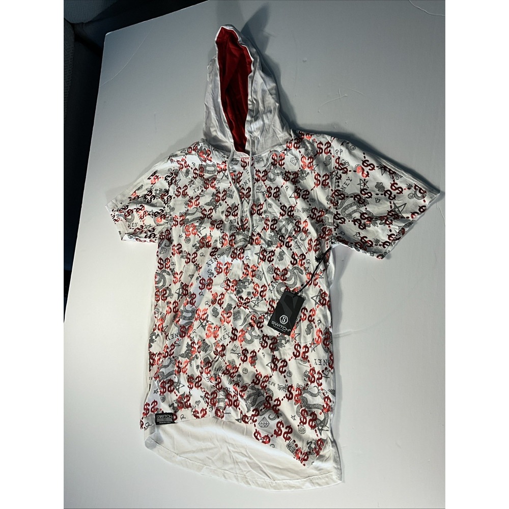 Switch Remarkable Hooded T-Shirt Mens XL Red White Dollar Sign Dragon Print NWT